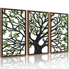 CHDITB Wooden Tree of Life Framed Wall Art(Set of 3, 16"x32"), 3 Panel Rustic Birch Green Leaves Hollow Laser Cut Artwork Decor, Modern Family Tree Wall Sculpture for Living Room Bedroom
