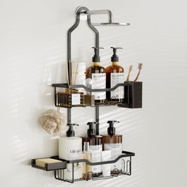 THKVESN Shower Caddy Hanging Bathroom Organizer - Over Head Shower Rack for Tall Showerhead - Extra Large Storage Bath Shelf for Big Shampoo Bottles with Soap Holder and Toothbrush Holder, Black