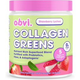 Obvi Collagen Greens – Organic Greens Superfood Powder with Collagen Peptides, Probiotics for Gut Health, Skin, Hair & Nails | Gluten-Free, Sugar-Free | Strawberry Lychee Flavor, 25 Servings