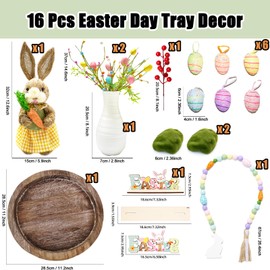 [Tray Included] 16 Pcs Easter Day Decor Set, Bunny Figurine Artificial Spring Flowers Eggs Ornaments Bead Garland Table Decorations with Tray, Rustic Farmhouse Centerpiece for Table Home, Yellow