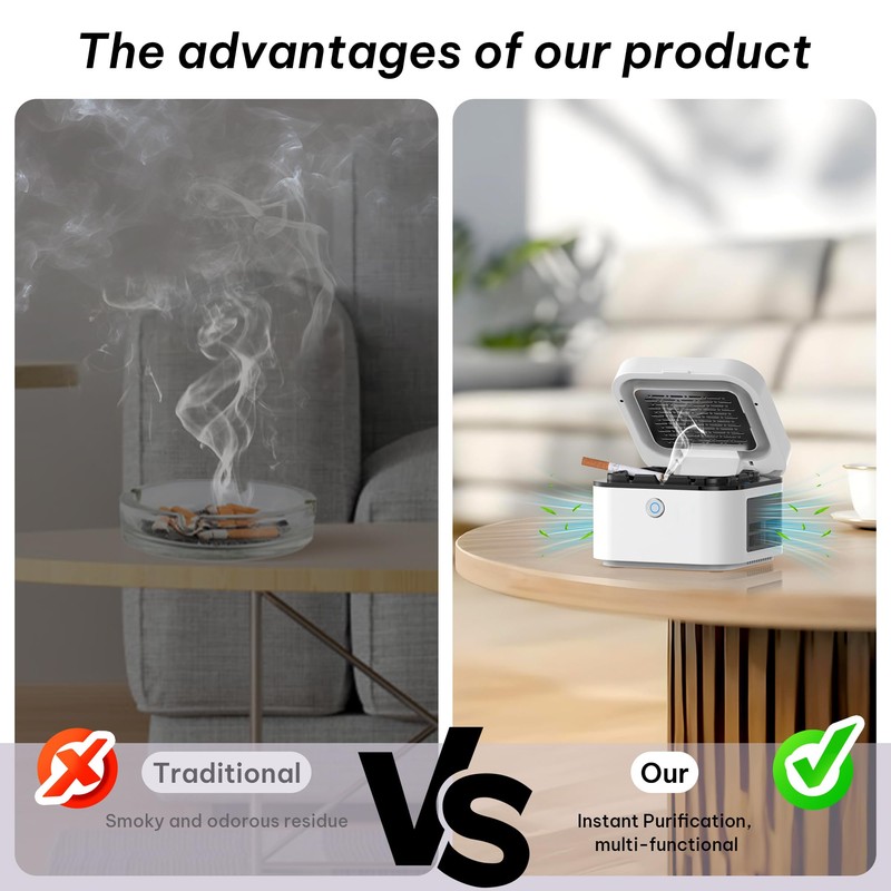 Smokeless Ashtray, Multifunctional Ashtray, Ash Purifier, HEPA Filter, USB Charging