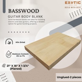 Exotic Wood Zone | Basswood Electric/Bass Musical Guitar Body Blanks | Luither Tonewood Suppliers | 21" x 15" x 1-3/4" - Unglued Planed (2 Pcs)
