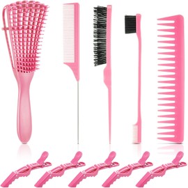 Boao 10 Pcs Hair Brush and Comb Set Detangler Hair Brush Styling Comb for Curly Hair Wide Tooth Comb Teasing Wet Hair Brush Rat Tail Comb Edge Brush Alligator Clips for Women Girls Gift(Pink)
