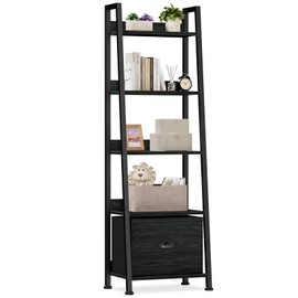Furologee 5-Tier Ladder Shelf, Narrow Ladder Bookshelf with Drawer, 55.6”Tall Industrial Bookcase Storage Rack Organizer, Freestanding Storage Shelve for Living Room, Home Office, Bedroom, Black Oak