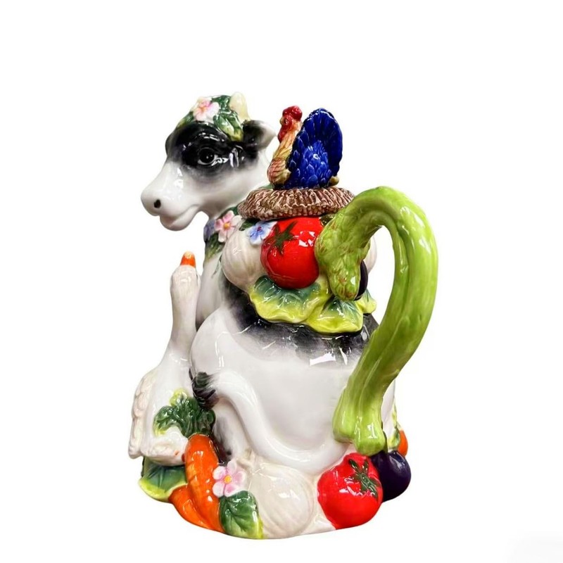 Minigift Farmhouse Cow Teapot with Rooster, Rustic Farm Animal Decorative