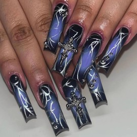 BABALAL Goth Press on Nails Long Square Fake Nails Blue Black Glue on Nails 3d Metallic Cross Ball Design Y2k Acrylic Nails Punk Manicure False Nails