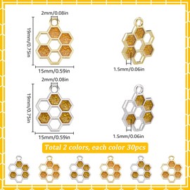 SUNNYCLUE 1 Box 60Pcs Honeycomb Charms Bulk Honey Comb Charms Alloy Enamel Gold Silver Hollow Hexagon Spring Sweet Bee Honey Charm for Jewelry Making Charms DIY Craft Necklace Bracelet Earring Adults