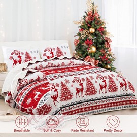 DJY Christmas Quilt Set Queen Size Christmas Trees Reindeer Snowflake Pattern Coverlet Set 3 Pieces Christmas Bedding Reversible Bedspread with 2 Pillowshams for All Season 90" x90”