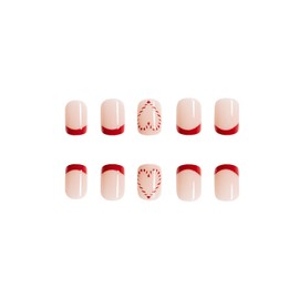 Christmas Press on Nails Short Square Winter French Fake Nails Red Full Cover Candy Cane False Nails with Designs Glossy Glue on Nails Acrylic Nails Xmas Nail Art Decorations for Women Girls 24Pcs