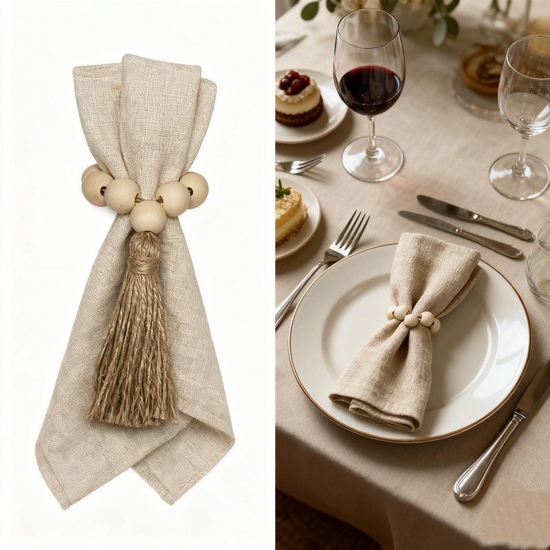 LannuMet 6 Pcs Jute Tassel Wood Bead Napkin Rings Boho