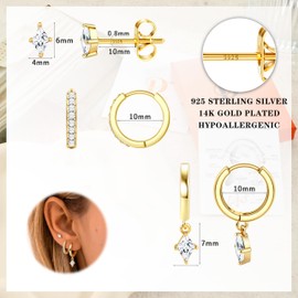 Dochais 3 Pairs 925 Sterling Silver Earrings for Women 14K Gold Stud Huggie Hoop Earring 5A Zirconia Gold Earrings Stacks Hypoallergenic Cartilage Earring Set for Multiple Piercings Jewelry Gift