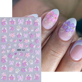 Flower Nail Art Stickers Decals Butterfly Flowers 5D Embossed Nail Stickers for Nail Art 4PCS Elegant White Pink Floral Spring Nail Designs Adhesive Sliders for Women Manicure DIY Nail Art Decorations