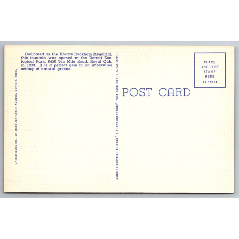 c1940s Detroit MI Horace Rackham Memorial Fountain Zoo Postcard