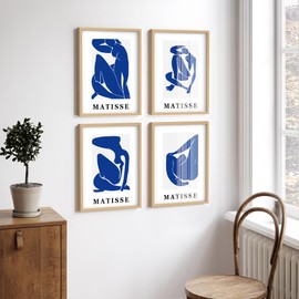 SIGNLEADER Framed Wall Art Collage Print Gallery Set, Matisse Inspired Blue Abstract Figures Prints Modern Decorative Multicolor for Living Room, Bedroom, Office - 11"x14"x4 Natural Frame