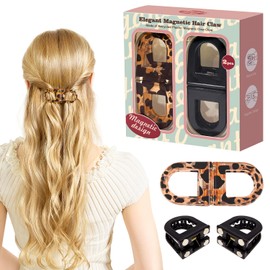 Magnetic Hair Clips 2-Pack | Hair Clips for Styling & Thick Hair | Claw Clips & Barrettes for Women | Strong Hold Non-Slip No-Crease Hair Barrettes (Leopard Print + Black)