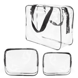 3Pcs Crystal Clear Plastic Cosmetic Bags Travel PVC Vinyl Toiletry Bag Set, Zipper Large Transparent Waterproof Make-Up Case Diaper Pouch for Baby Women Men, Beach Swim Pool Packing Organizer Bag Blue