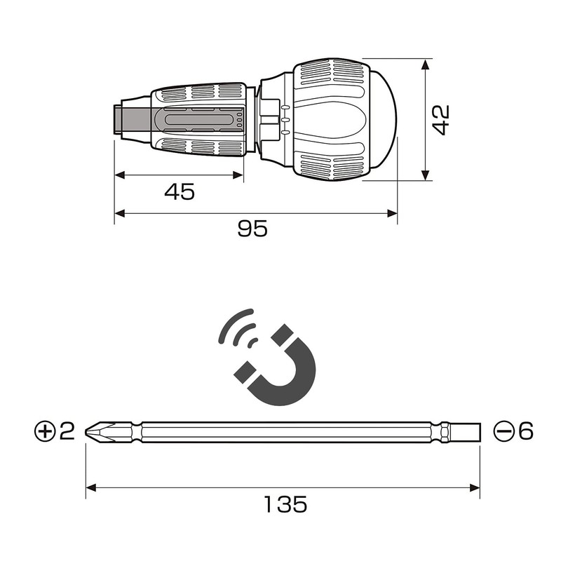 ANEX Ratcheting Screwdriver Ball Handle, Japanese Heavy Duty Magnetic Bit