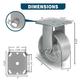 CWfutureparts 5" x 2" Heavy Duty Industrial Casters, 1000 lbs Load Capacity, Rigid Caster Wheels with Roller Bearing - Semi Steel Cast Iron Wheels for Workbench，Pallet Trucks （1 Pack）
