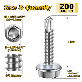 Mywish 200pcs #10×1" Self Tapping Screws for Metal, 410 Stainless Steel, Sheet Metal Screws, Hex Washer Head Self Drilling Screws, High-Strength Quick Tapping TEK Screw