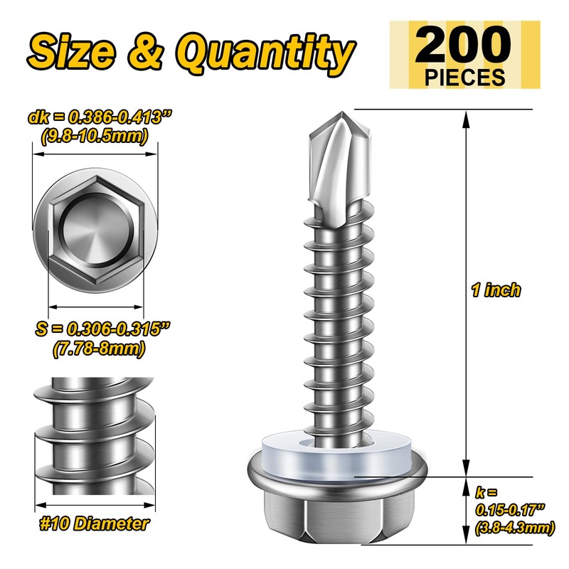 Mywish 200pcs #10×1" Self Tapping Screws for Metal, 410 Stainless