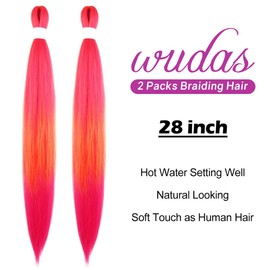 WUDAS Ombre Pink-Yellow Braiding Hair 28 Inch Long Pre Stretched Hair Straight Yaki Texture Synthetic Hair Extensions Softness, 2 Packs