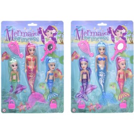 7 Piece Bath Time 3 Mermaid Princess Dolls with Bright Long Hair and Accessories, Boys and Girls Ocean Theme Waterproof Toys, Ideal for Bath, Pool, Water, Beach Pretend Fun Play (1 Set, 3 Mermaids)