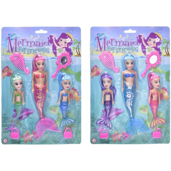 7 Piece Bath Time 3 Mermaid Princess Dolls with Bright Long Hair and Accessories, Boys and Girls Ocean Theme Waterproof Toys, Ideal for Bath, Pool, Water, Beach Pretend Fun Play (1 Set, 3 Mermaids)