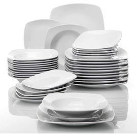 MALACASA 36-Piece Square Dinner Sets, White Porcelain Dinnerware Set with Dinner Plates, Dessert Plates and Soup Plates,Service for 12,Series Julia