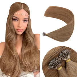 Elailite Hair Extensions Real Human Hair Nano Ring Nano Beads Cold Fusion 50 Strands 50g Straight (#6 Light Brown, 16 Inch)