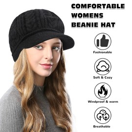 QKURT Women's Knitted Hat, Ladies Winter Warm Beanie Hat Beret Hat with Fleece Line, Soft Women Slouchy Beanies Black