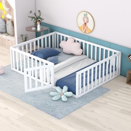 Harper & Bright Designs Full Size Floor Bed with Rails,Montessori Floor Bed Wood Frame with Fence and Door, for Kids Girls Boys-White