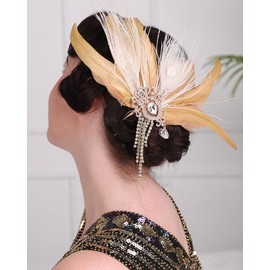 Rumtock Ivory Champagne Fascinator 1920s Hair Jewelry for Women Girls Gold Rhinestones Tassels Pendant Hair Piece (Big)