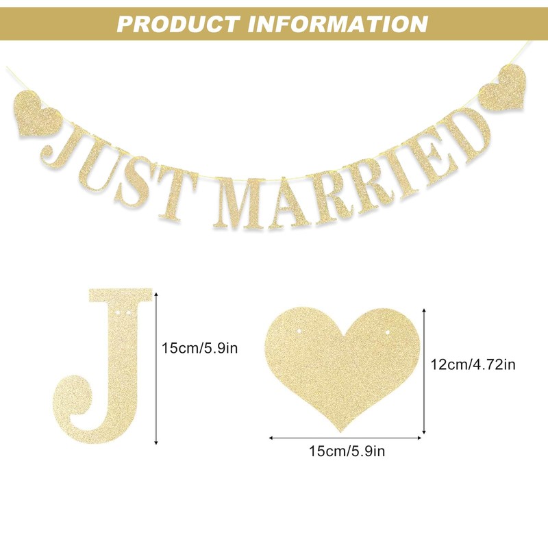 Just Married Banner Decorations Gold, Just Married Bunting Garland Glitter