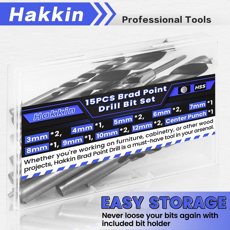 14PCS Brad Point Wood Drill Bit Set with Center Punch,