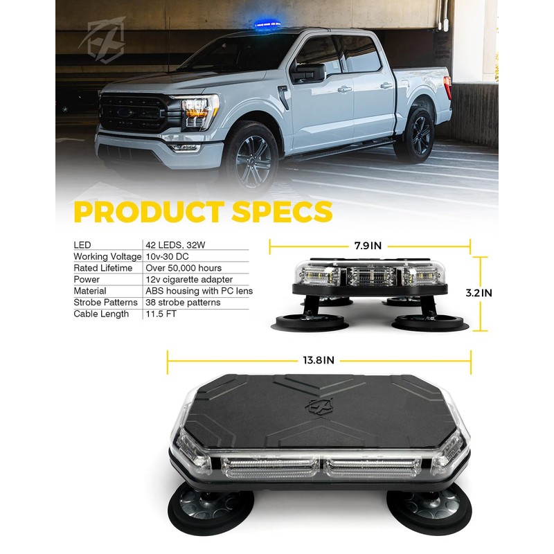 Xprite Amber Rooftop Emergency Strobe Light Bar, Beacon Safety Flashing