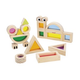 Janod J05306 Wooden Block for Building Game to Promote Sense Perception, 18 Blocks and 6 Model Cards, Learning Shapes and Colours, Develops Fine Motor Skills from 12 Months