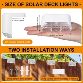 32 Pcs Solar Deck Lights Outdoor, Waterproof LED Solar Step Fence Lights for Stairs, Step, Railing, Patio, Driveway, Garden, Pathway and Yard(White Shell Multicolor Light)