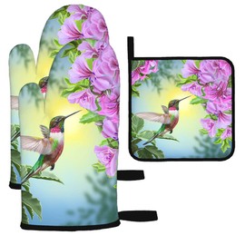 Mxocom Hummingbird Oven Mitts and Pot Holders Sets of 3 Floral Leaf Botanical Plant Bird Nature Animal Beak Blossom Plant BBQ Gloves for Kitchen,Cooking,Baking,Grilling Resistant Hot Pads for Women