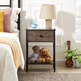 VECELO Nightstand,Modern Bedside End Table, Night Stand with Drawer and Storage Shelf for Living Room Bedroom, Industrial Metal Frame