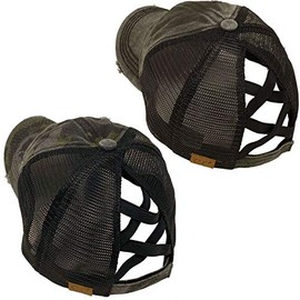 C.C Ponytail Criss Cross Messy Buns Ponycaps Baseball Cap Dad Trucker Mesh Hat (1 Distressed Black + 1 Distressed Camo Black)