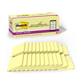 Post-it - Notas adhesivas de papel 100 reciclado, color amarillo canario, 3 pulgadas x 3 pulgadas, 24 almohadillas para orejas adhesivas para notas,  