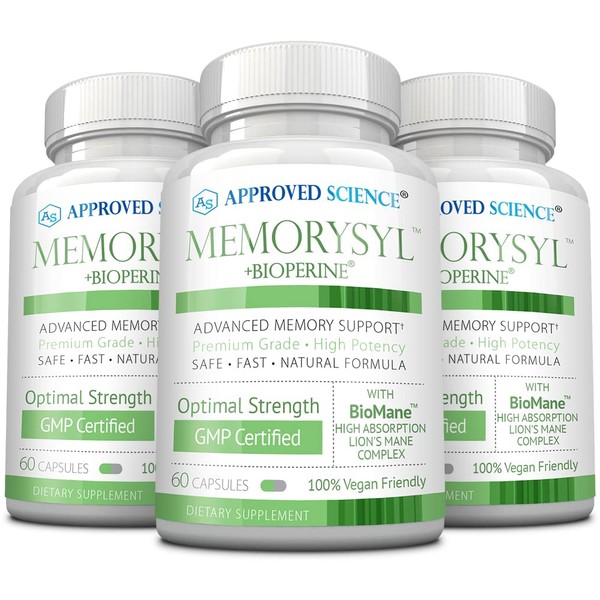 Approved Science MemorySyl - Memory Boosting Supplement - Improve Focus and Concentration - Protect Against Cognitive Decline - with Lion’s Mane and BioPerine - 3 Month Supply - Vegan