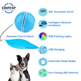Cdipesp Automatic Active Rolling Ball for Cats, Self Moving Interactive Dog Toys for Boredom, Wicked Ball for Small Dogs/Cats with LED Lights, USB Rechargeable(Blue)