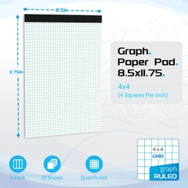 Graph Paper Pads 8.5 x 11 Graph Paper Notebook, 3 Pack 4x4 Quad Grid Paper, 30 Sheets Lined Paper Grid Notebook, Grid Paper Notebook 8.5 x 11 Engineering Paper for Drawing, Designing, Math Sketching