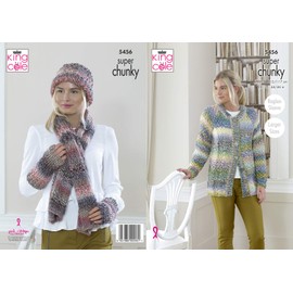 King Cole 5456 Knitting Pattern Womens Cardigan Hat Scarf Wrist Warmers in Explorer Super Chunky