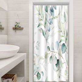 Uiiooazy Green Leaves Shower Curtain, Eucalyptus Leaf Plants Pattern, Bathtub Curtains, Anti-Mould, Waterproof, Polyester Fabric, Washable, Bathroom Curtain with Hooks, 90 x 180 cm