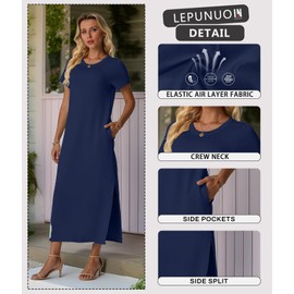 Lepunuo Womens Dresses Crewneck Short Sleeves Casual Split Wrinkle-Free Maxi Vacation Dress with Pockets A- Navy Blue