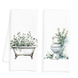 INDAJEDN Watercolor Eucalyptus Leaves Bathroom Hand Towels Set of 2, Vintage Bathtub Toilet Botanical Decorative Hand Towels for Bathroom Washroom, 16x24 Inch