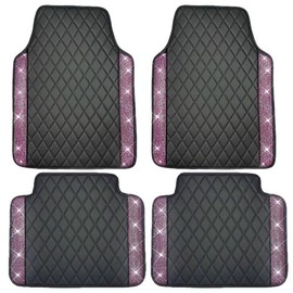 Universal Car Floor Mats,Faux Black Leather with Pink Diamond Carpet Glitter Crystal Rhinestones All Weather Waterproof Auto Liners Foot Pads Set
