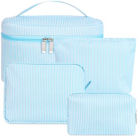 Puchifoda 4 Piece Makeup Bag Set,Seersucker Cosmetic Bags,Striped Make Up Bag Large Cosmetic Zipper Pouch Cute Travel Toiletry Bag Portable Aesthetic Purse Organizer Pouches for Women Girls (Blue)